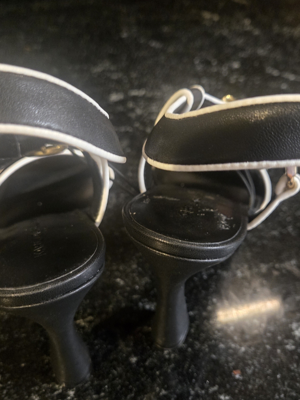 Karl Lagerfeld Black Heels with White Trim and Gold Buckles - Picture 7 of 9